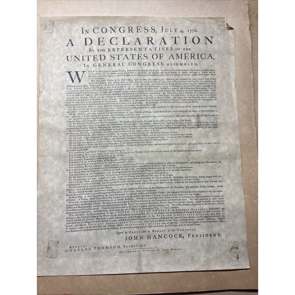1970's Rare Facsimile Of Dunlap Broadside Declaration Of Independence
